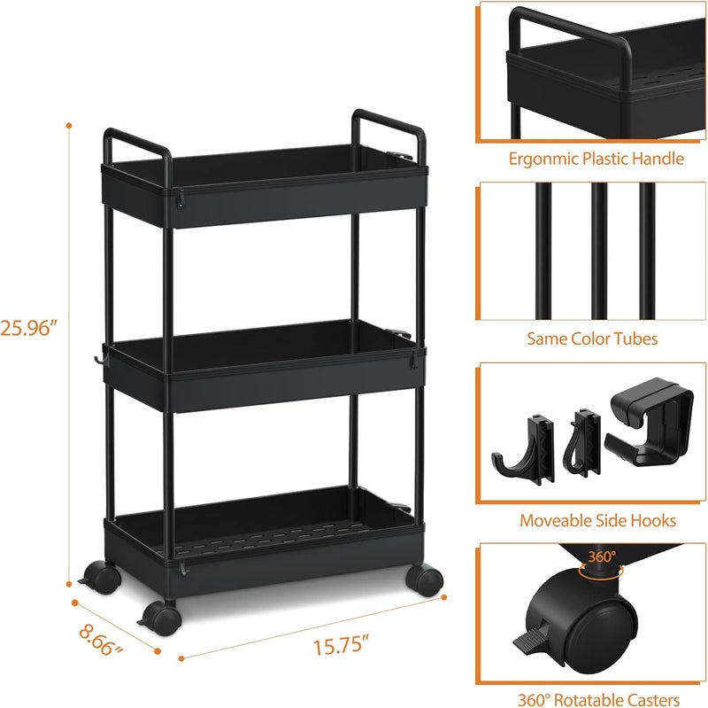 Ronlap 3 Tier Slim Rolling Storage Cart with Wheels Plastic Utility Cart Organizer for Snack Craft Art Postpartum Baby Diaper Nail Makeup in Bathroom Laundry Room Kitchen Bedside Narrow Space, Black - Image 2