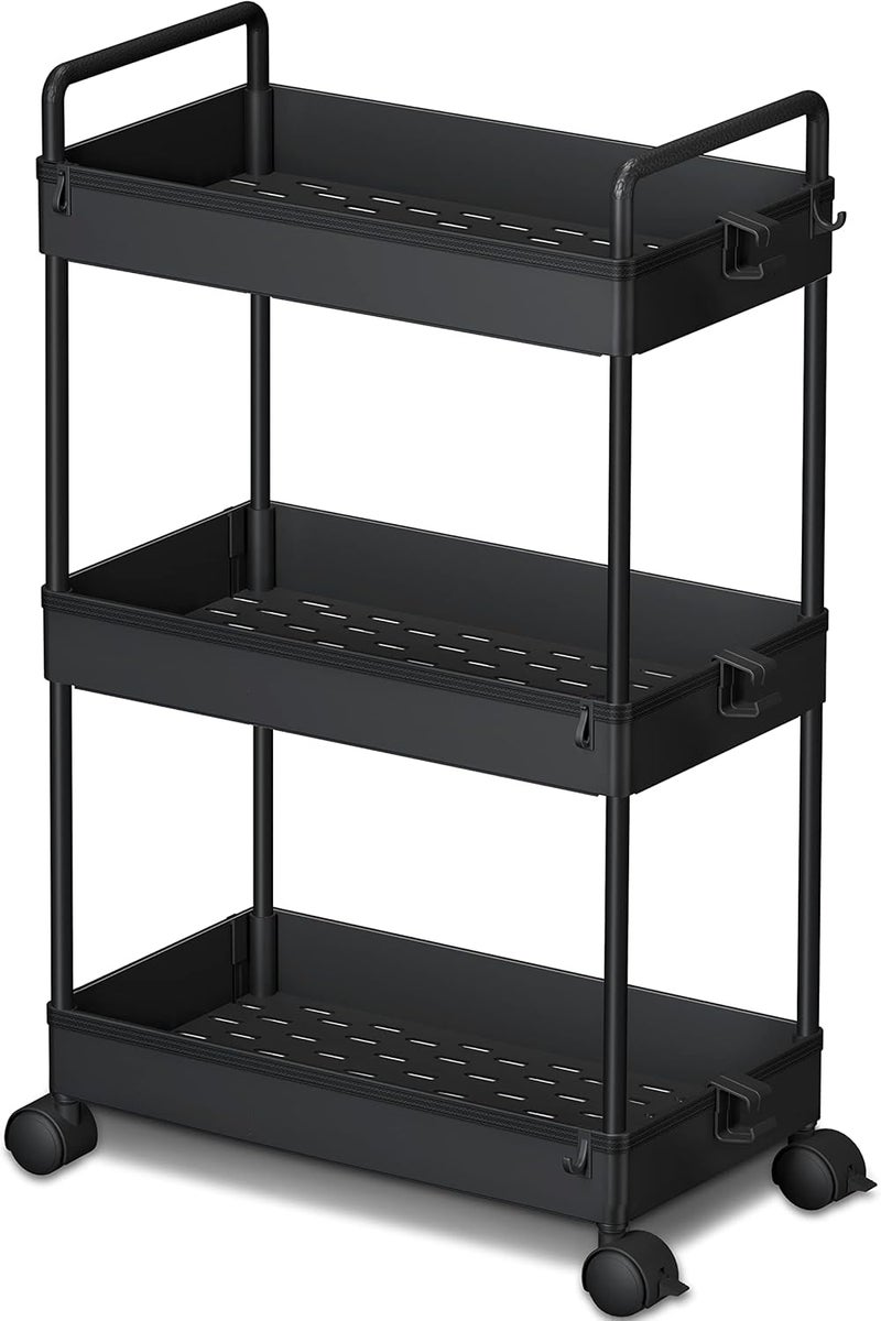 Ronlap 3 Tier Slim Rolling Storage Cart with Wheels Plastic Utility Cart Organizer for Snack Craft Art Postpartum Baby Diaper Nail Makeup in Bathroom Laundry Room Kitchen Bedside Narrow Space, Black - Image 1