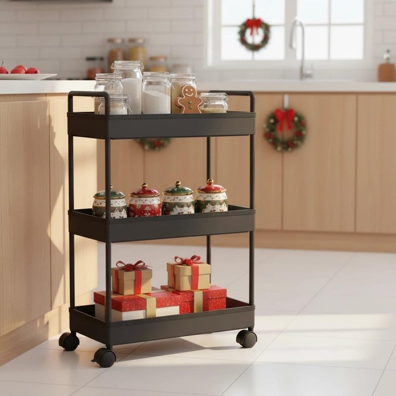 Ronlap 3 Tier Slim Rolling Storage Cart with Wheels Plastic Utility Cart Organizer for Snack Craft Art Postpartum Baby Diaper Nail Makeup in Bathroom Laundry Room Kitchen Bedside Narrow Space, Black - Image 4