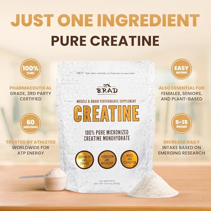 B.rad 100% Pure Micronized Creatine Monohydrate Powder | Natural, No Additives | Boosts Muscle Strength, Recovery & Performance | Supports Brain Health | 300g, 60 Servings - Image 4