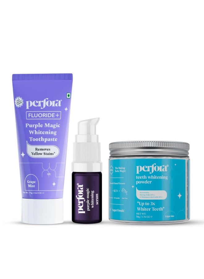 Perfora Teeth Whitening Combo - Whitens Teeth in 1 Use | Enamel-Safe & Sensitivity-Free Oral Care Formula For Tooth Stain Removal | Purple Toothpaste- 75gm, Teeth Whitening Powder-50gm & Purple Serum - 10ml - Image 1
