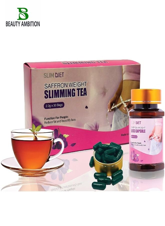 BEAUTY AMBITION Slim Diet Saffron Weight Loss Slimming Tea and Capsules, Dynamic Duo for Accelerated Weight Loss and Powerful Fat Burning with Detox Herbal Tea (30 Tea Bags) and Antioxidant-Rich Capsules (60 Capsules  - Image 1