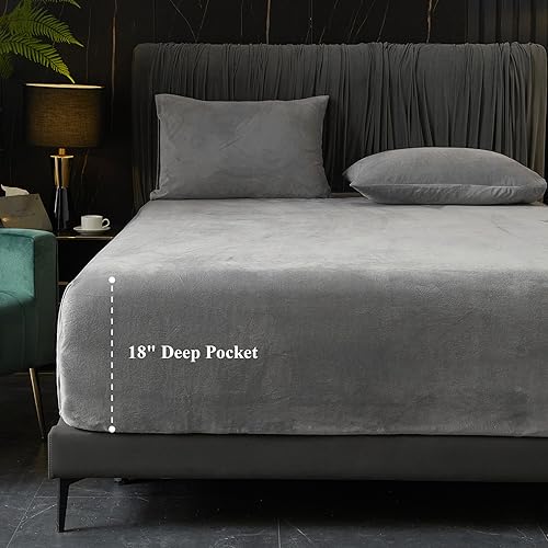 Ivellow Velvet Fitted Sheet King Size 1 Pack Luxury Flannel Bed Sheets with 18 Extra Deep Pocket Super Soft Cozy Comfy Plush Fuzzy Sheet Bottom Sheet Only No Pillowcases Grey