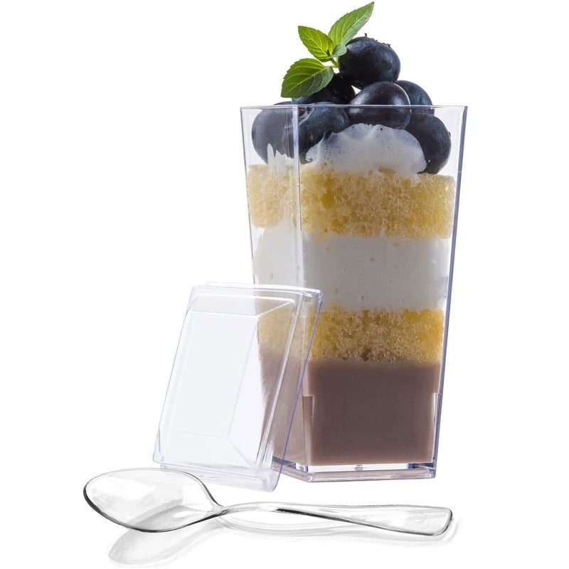 zappy 100 3 oz Mini Dessert Cups with Lids and Spoons  Clear Plastic Cups Parfait Glasses Appetizer Cup for Party Small Reusable Desserts Square Tall Plastic Dessert Cups