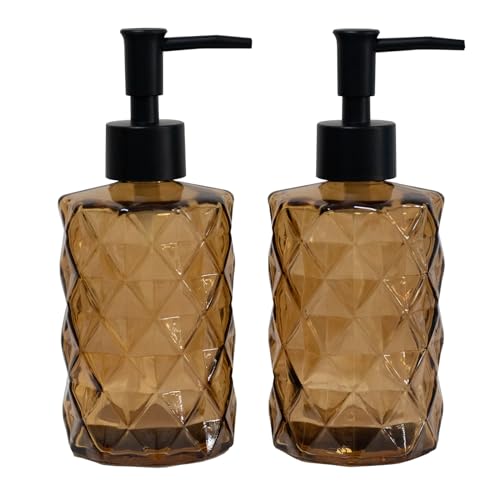 YYTSGG Brown Glass Soap Dispenser with Black Plastic Pump 12oz Refillable Liquid Hand Soap Dispenser 2 Pack Crystal Lotion Bottle for Modern Home Decor Bathroom Kitchen Countertop Hotel - Image 1