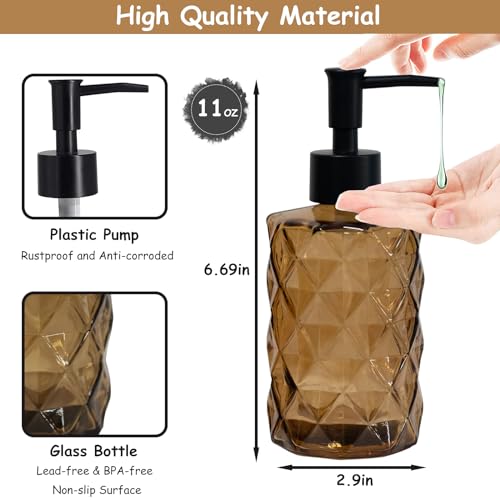 YYTSGG Brown Glass Soap Dispenser with Black Plastic Pump 12oz Refillable Liquid Hand Soap Dispenser 2 Pack Crystal Lotion Bottle for Modern Home Decor Bathroom Kitchen Countertop Hotel - Image 3