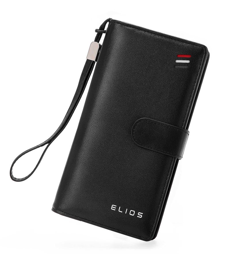 Elios Women's Large Capacity Pu Leather Snap Closure Clutch Wallet Card Phone Holder Organizer Ladies Purse With Wrist Strap, Black - Image 2