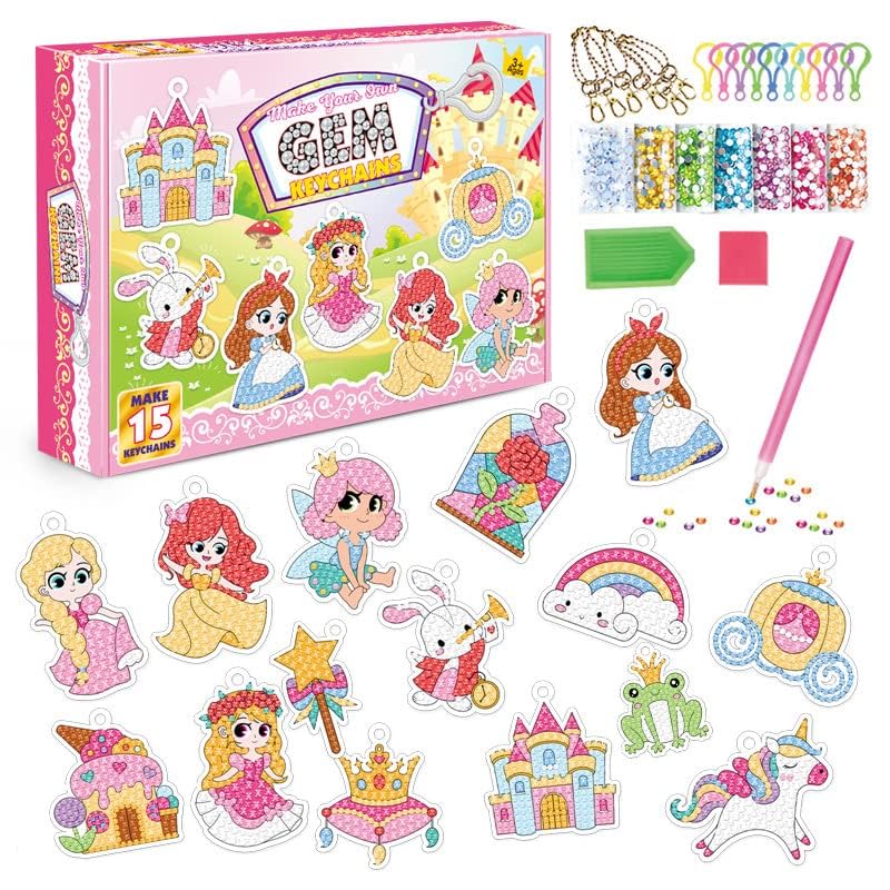 Diamond Art Painting Keychains Kit â15pcs 5D Princess Diamond Keychains DIY Gem Art Key Rings for Kids & Adults lovely Decorative Accessories Perfect Gift for Craft Lovers - Image 1