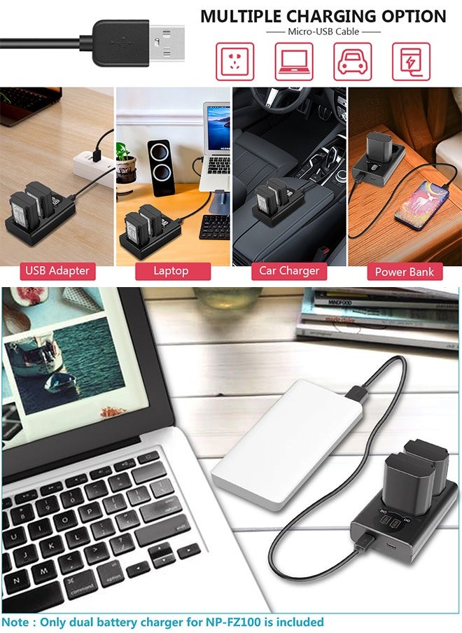 AZorb - Dual USB Charger for Sony NP-FZ100 Battery, Compatible with Sony ZV-E1, FX3, FX30, A1, A9 II, A7R V, A7S III, A7 IV, A6600, A7C Cameras, Designed with LCD Display, Versatile Charging Options - Image 1