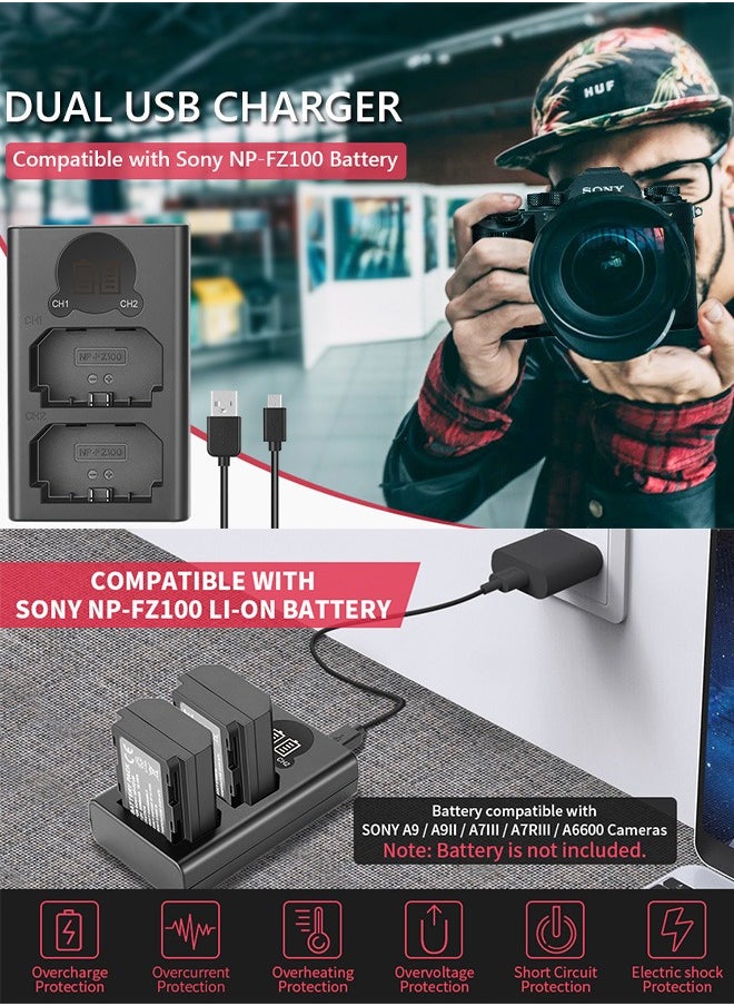 AZorb - Dual USB Charger for Sony NP-FZ100 Battery, Compatible with Sony ZV-E1, FX3, FX30, A1, A9 II, A7R V, A7S III, A7 IV, A6600, A7C Cameras, Designed with LCD Display, Versatile Charging Options - Image 1