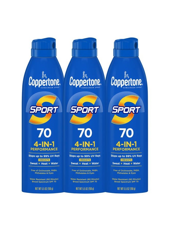 Coppertone SPORT Sunscreen Spray SPF 70, Water Resistant, Broad Spectrum, 5.5 Oz Spray, Pack of 3 - Image 1