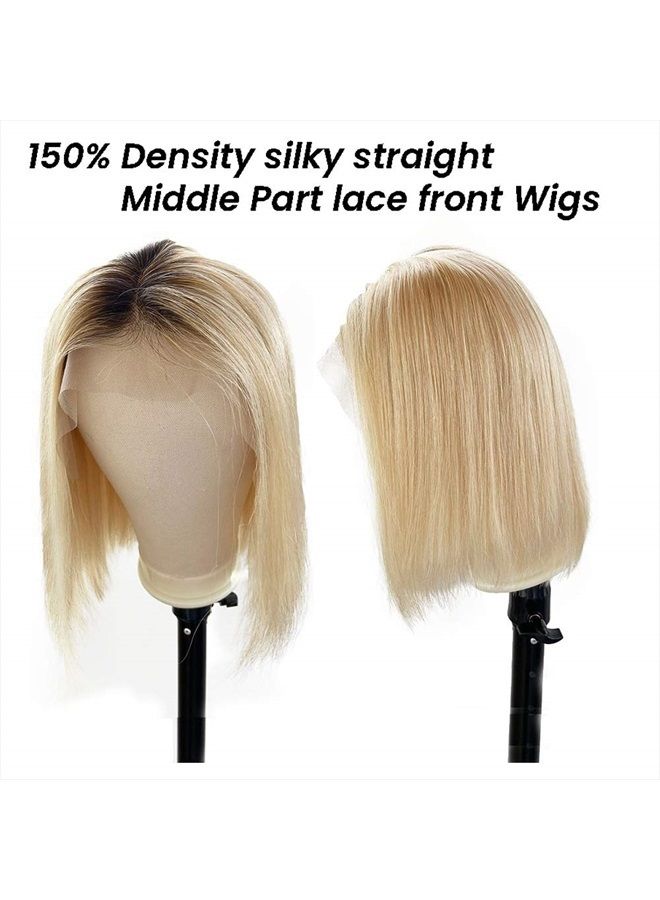 Smavida Lace Front Wigs T-Part Human Hair Wigs Ombre Colored 13x1 Middle Part Brazilian Virgin Human Hair Blonde Ombre 10" 150 Density Glueless Pre Plucked with Bleached Knots Lace Wig for Women - Image 5