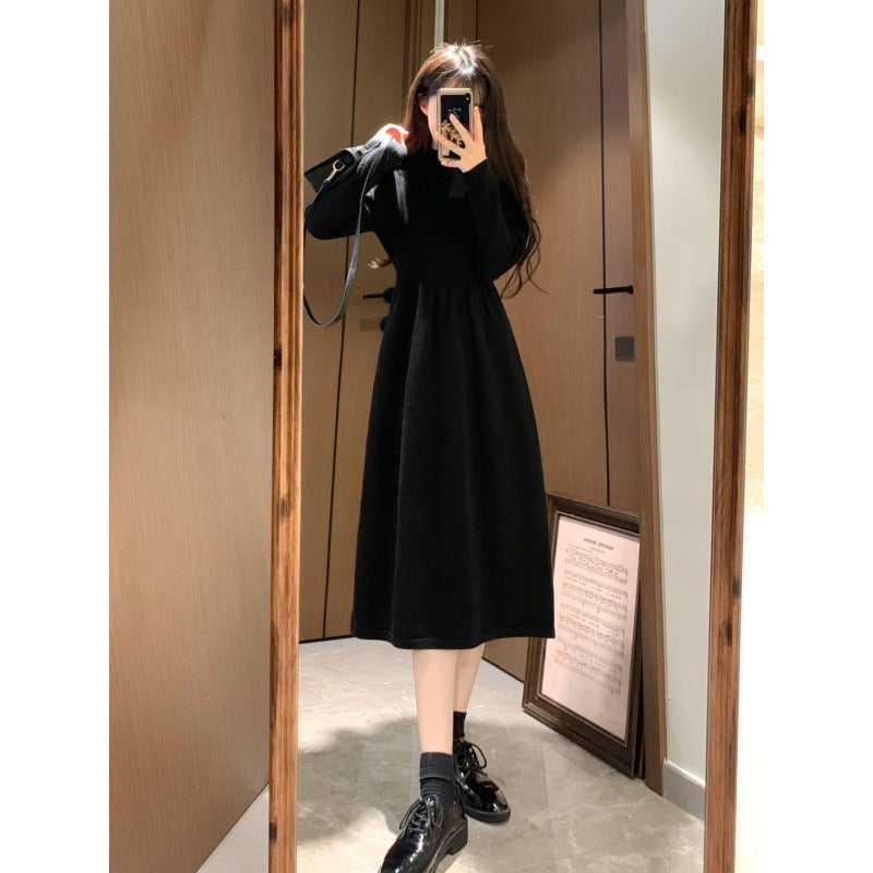Women Winter Coat French Style Woolen Skirt Heberla Style Innerwear Base Knitted Long Sleeve Dress Black - Image 5