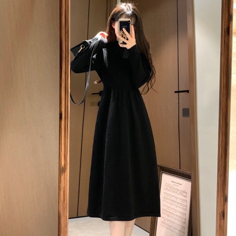Women Winter Coat French Style Woolen Skirt Heberla Style Innerwear Base Knitted Long Sleeve Dress Black - Image 1