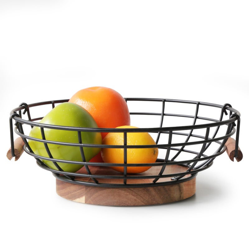 WILDMOS Fruit Basketblack Wire Basket with Acacia Wood Baselarge Fruit Bowl for Countertopblack Baskets for Fruits Breads Vegetables Storage 10inch - Image 2