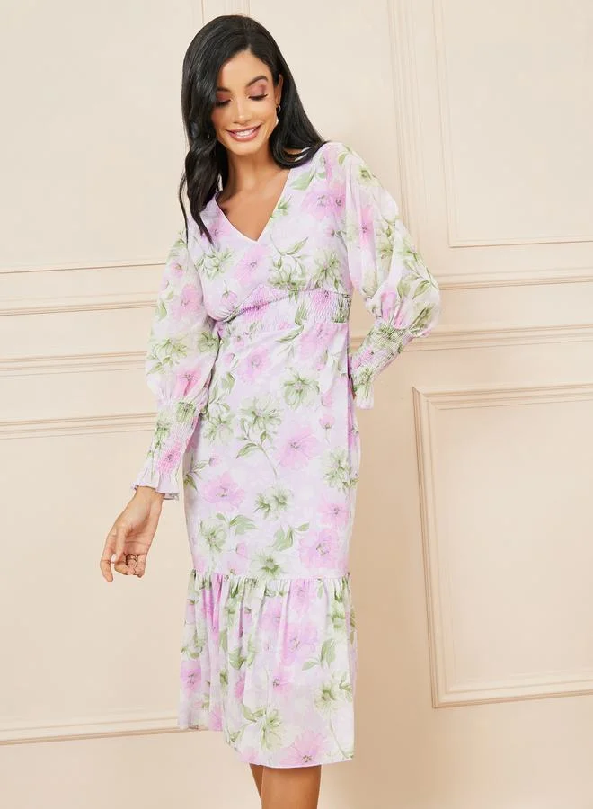 Styli Floral Print Smocked Detail Bodycon Midi Dress