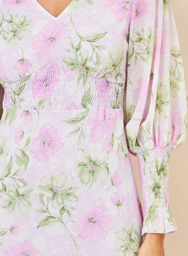 Styli Floral Print Smocked Detail Bodycon Midi Dress