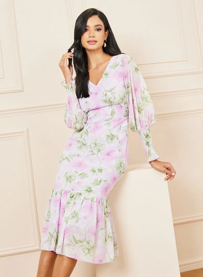Styli Floral Print Smocked Detail Bodycon Midi Dress