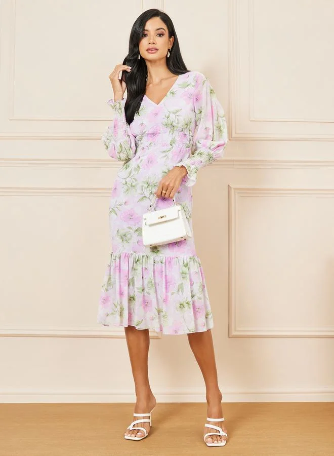 Styli Floral Print Smocked Detail Bodycon Midi Dress