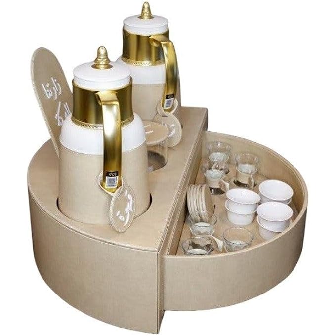 rayihni Luxury Arabic Rotary Leather Tea  Coffee Set With 1L Thermos Flasks 12 Pu Leather Cups Coasters Sugar Box 2Drawer Stand  Arabic Calligraphy  Premium Hospitality Gift Set Beige - Image 3