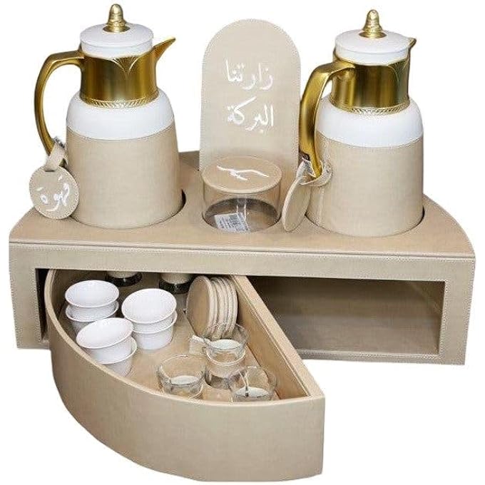 rayihni Luxury Arabic Rotary Leather Tea  Coffee Set With 1L Thermos Flasks 12 Pu Leather Cups Coasters Sugar Box 2Drawer Stand  Arabic Calligraphy  Premium Hospitality Gift Set Beige - Image 2