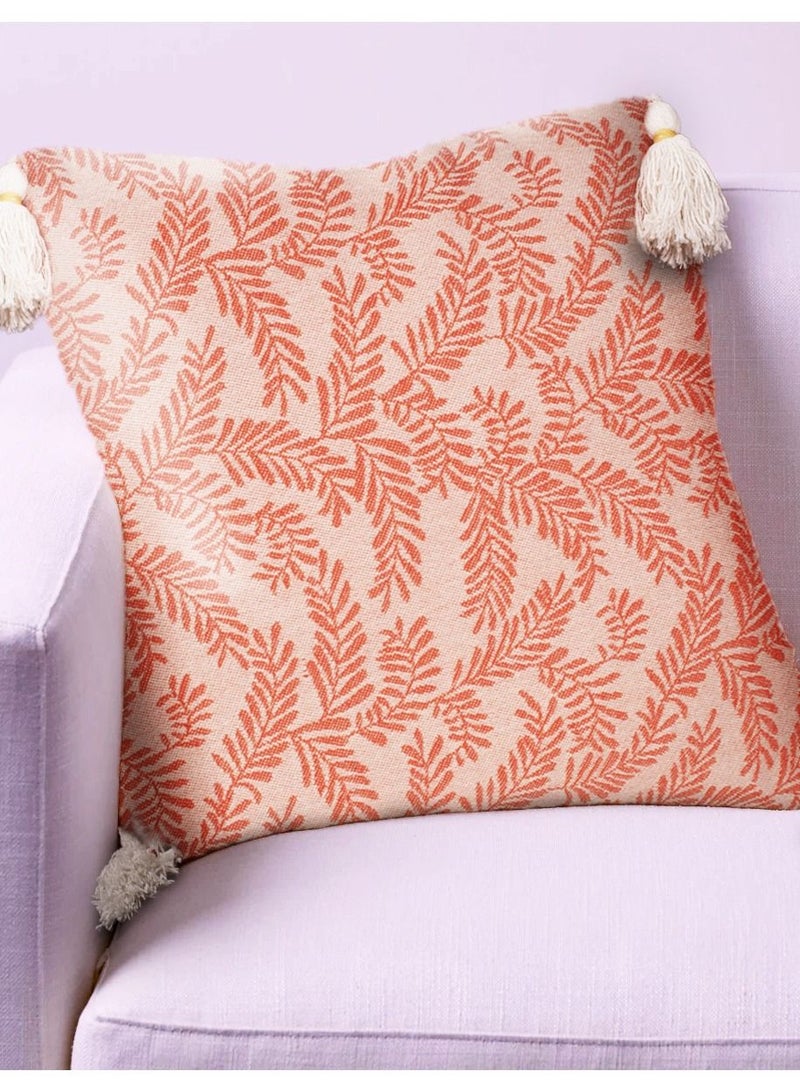 N & H Jute and Cotton Woven Square Shaped Cushion with Tassle 16 x 16 inches for Living Room Sofa (Carrot Fern Leaves Design) - Image 1