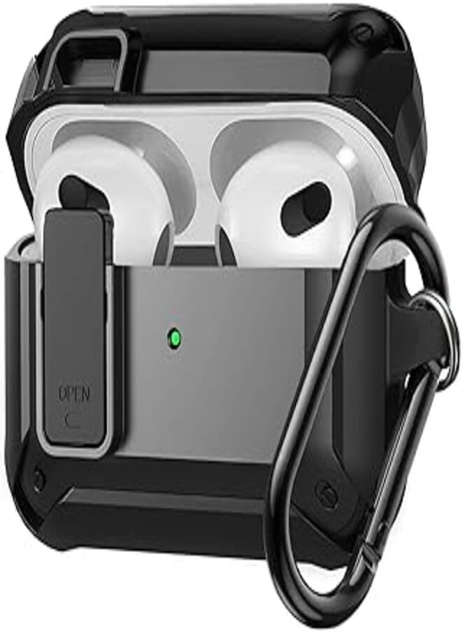 Olytop Olytop AirPods 3rd Generation Case with Lock Lid, Armor AirPod 3 Case Cover Full-Body Rugged Protective Case Shockproof Cover Men with Carabiner for Apple Airpods 3rd Gen Case-Black 
