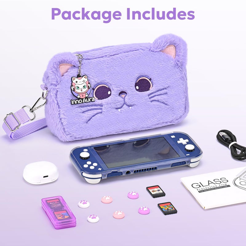 innoAura Switch Lite Case 14-in-1 Accessories Bundle for NS Switch Lite (2019), with Protective Carrying Case, Game Holder, Screen Protector & Cute Thumb Grips, Purple Cat Plush Bag - Image 2
