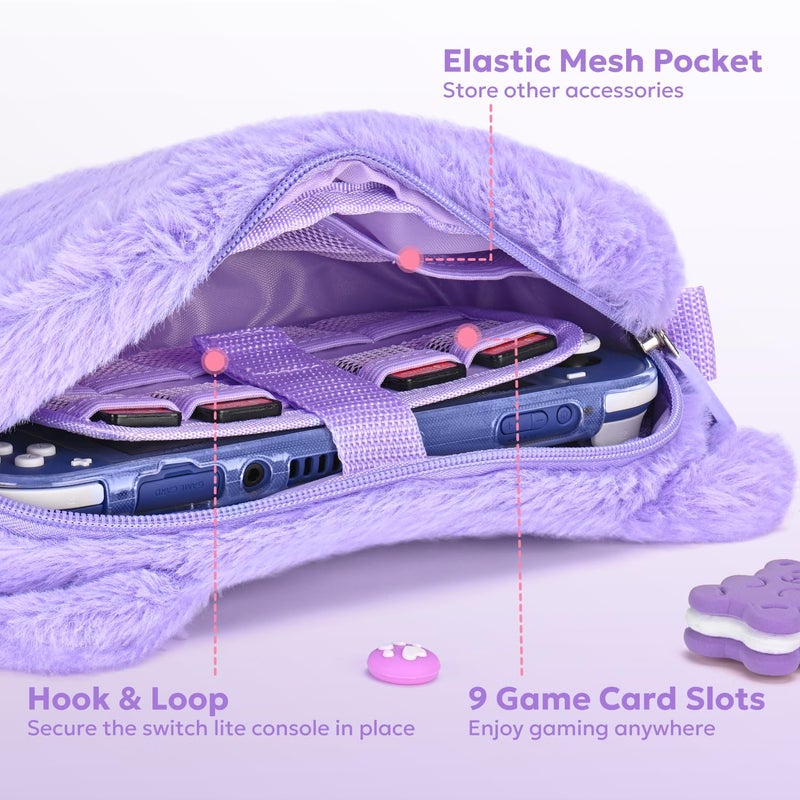innoAura Switch Lite Case 14-in-1 Accessories Bundle for NS Switch Lite (2019), with Protective Carrying Case, Game Holder, Screen Protector & Cute Thumb Grips, Purple Cat Plush Bag - Image 3