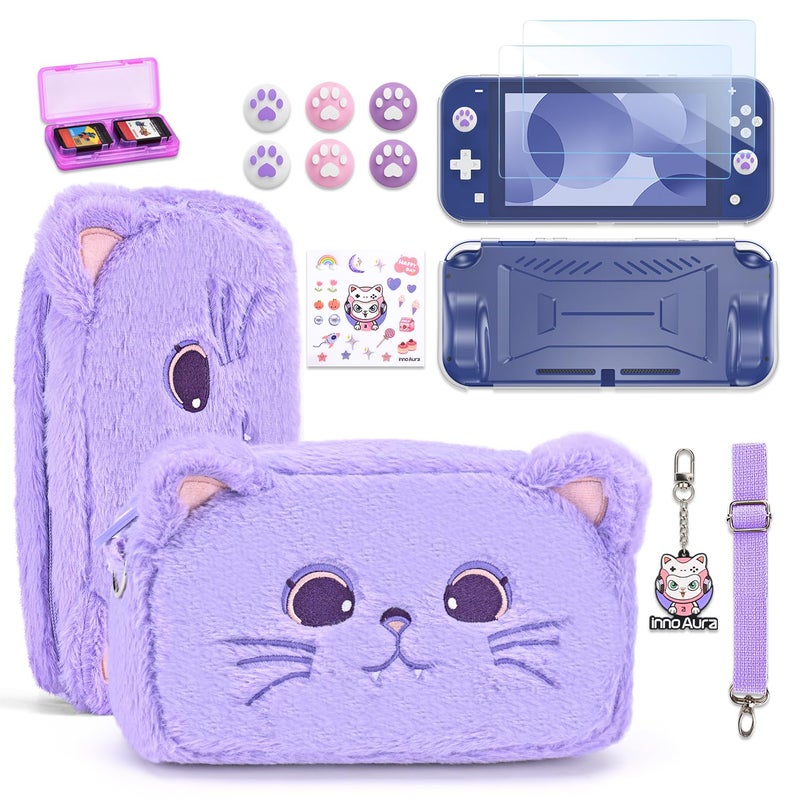 innoAura Switch Lite Case 14-in-1 Accessories Bundle for NS Switch Lite (2019), with Protective Carrying Case, Game Holder, Screen Protector & Cute Thumb Grips, Purple Cat Plush Bag - Image 1