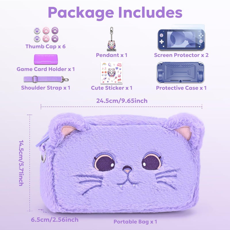 innoAura Switch Lite Case 14-in-1 Accessories Bundle for NS Switch Lite (2019), with Protective Carrying Case, Game Holder, Screen Protector & Cute Thumb Grips, Purple Cat Plush Bag - Image 4