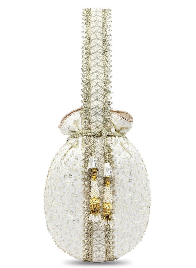 Aheli White Potli Bags Gift for Women Evening Bag Clutch Ethnic Bride Purse with Drawstring - Image 1