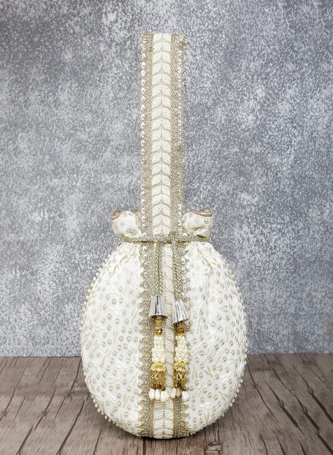 Aheli White Potli Bags Gift for Women Evening Bag Clutch Ethnic Bride Purse with Drawstring - Image 2