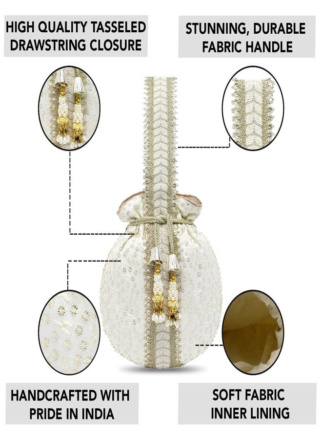 Aheli White Potli Bags Gift for Women Evening Bag Clutch Ethnic Bride Purse with Drawstring - Image 4