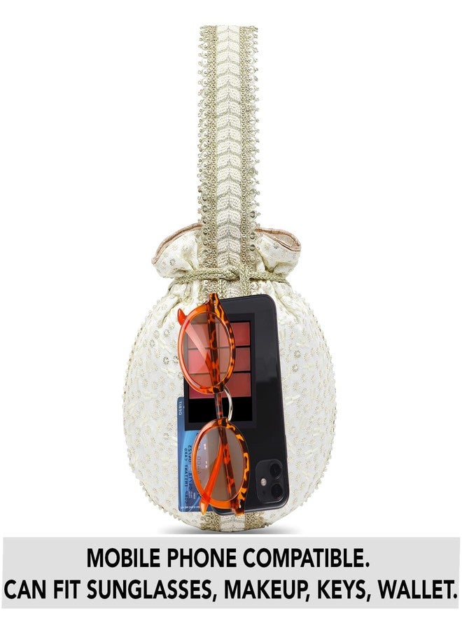 Aheli White Potli Bags Gift for Women Evening Bag Clutch Ethnic Bride Purse with Drawstring - Image 3