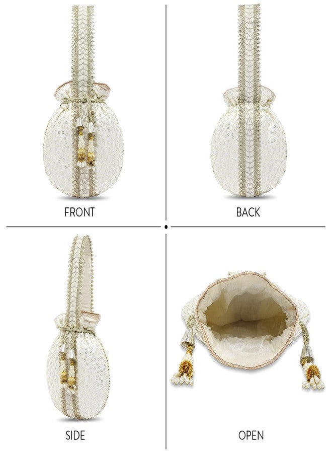 Aheli White Potli Bags Gift for Women Evening Bag Clutch Ethnic Bride Purse with Drawstring - Image 5