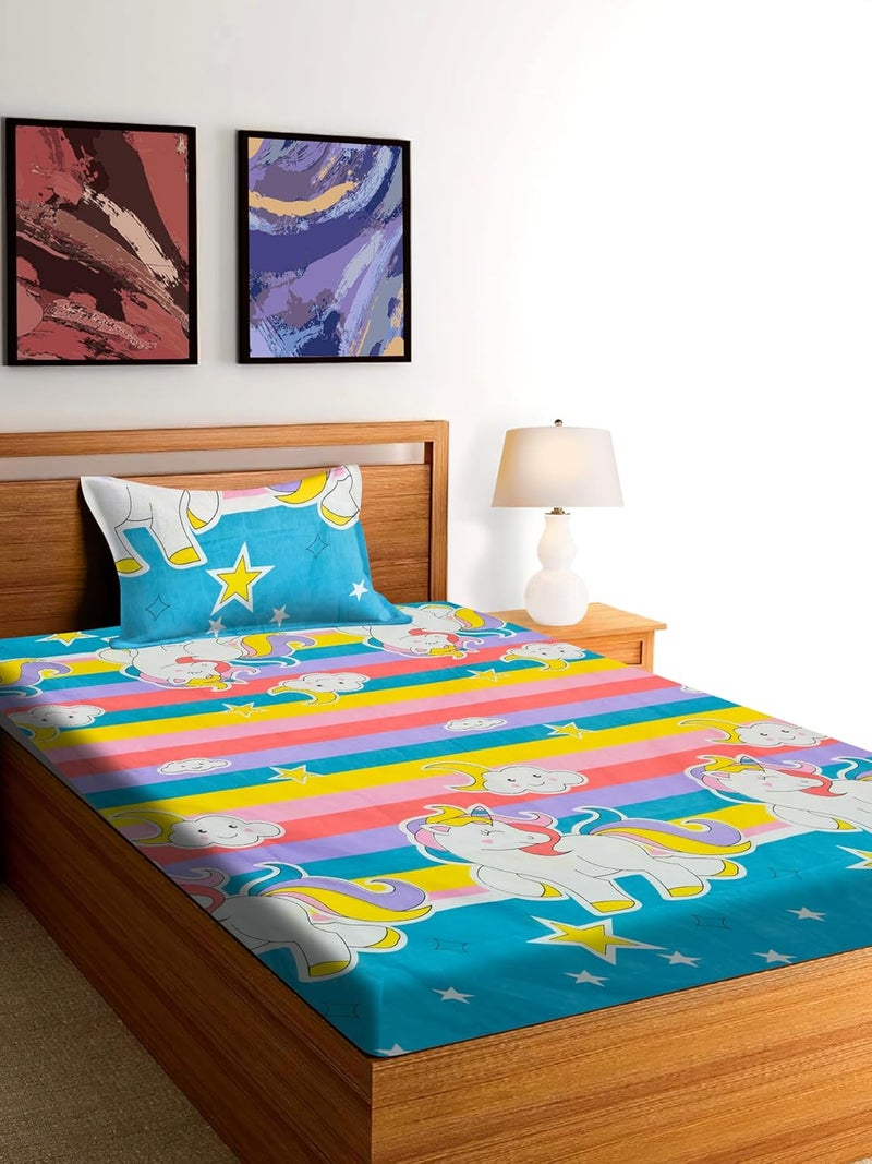 ManavRachit Cotton 210 TC Cartoon Unicorn Printed 1 Single Bedsheet with 1 Pillow Cover Soft Fabric for Kids Bed Room Home and Living Room60x90inchesTeal - Image 1