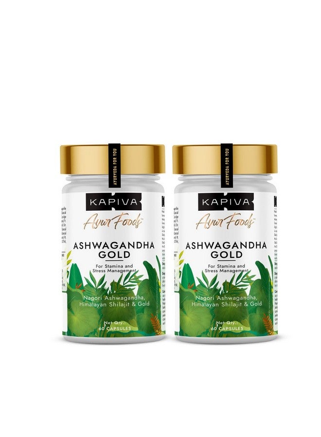 Kapiva كابيفا كبسولات أشواغاندا الذهبية، تم حصادها في اليوم 183، أشواغاندا ناغوري قوية مع الذهب، شيلجيت | يساعد في إدارة التوتر، تحسين الطاقة والقدرة على التحمل | للرجال والنساء (60 كبسولة) - عبوة من 2 - Image 1