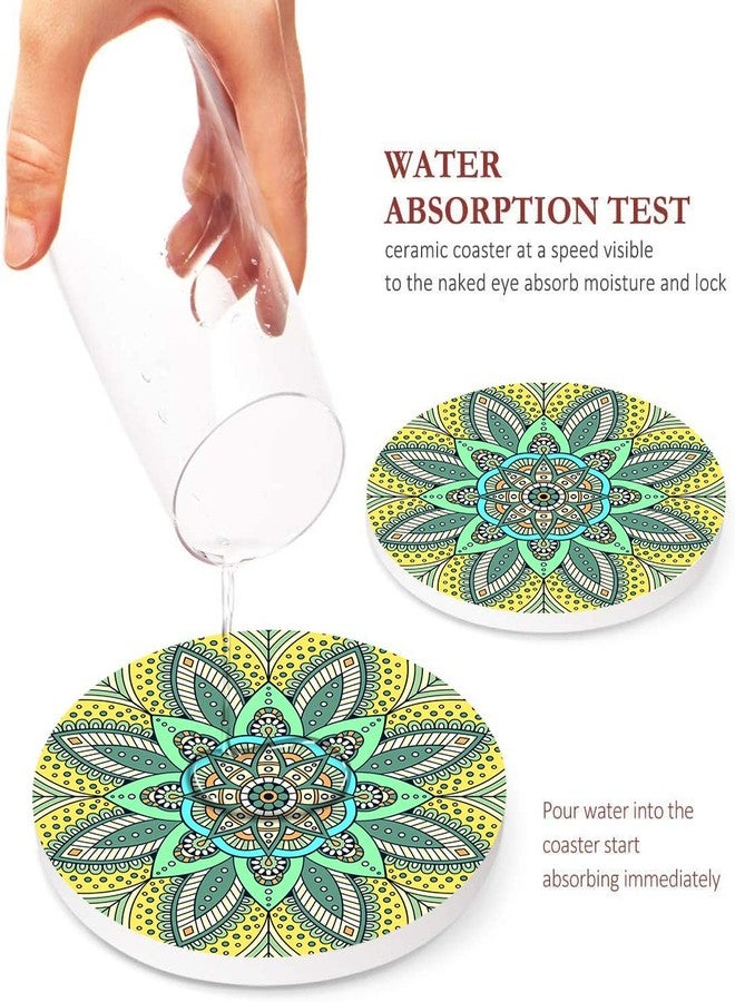 Bribay Coaster for Drinks Set of 6, Moroccan Bohemian Mandala Colorful Pink Green Absorbent Round Ceramic Stone Mat, with Cork Base and Metal Holder, Gift for Housewarming Room Bar Decor - Image 3
