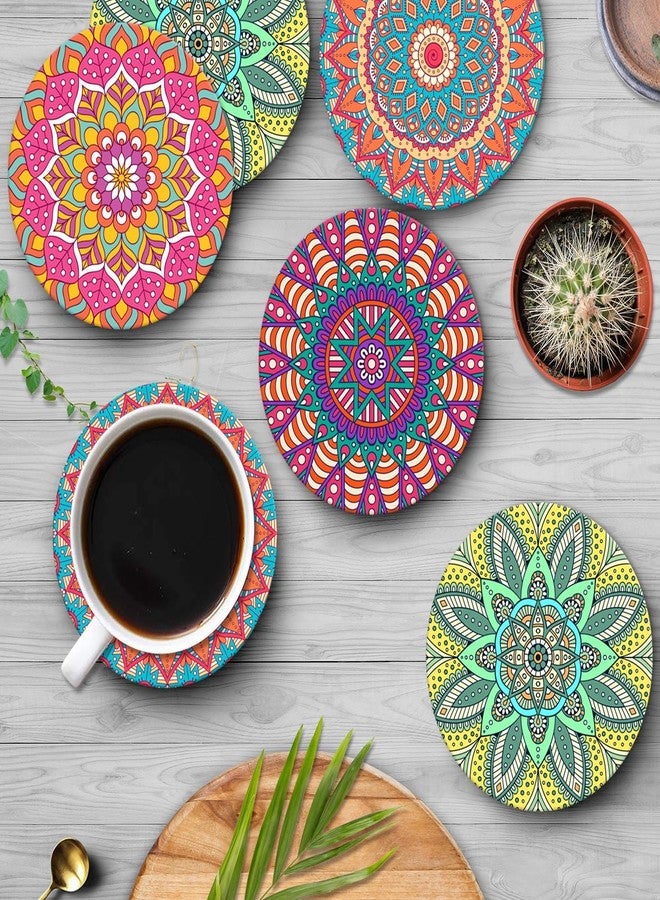 Bribay Coaster for Drinks Set of 6, Moroccan Bohemian Mandala Colorful Pink Green Absorbent Round Ceramic Stone Mat, with Cork Base and Metal Holder, Gift for Housewarming Room Bar Decor - Image 5
