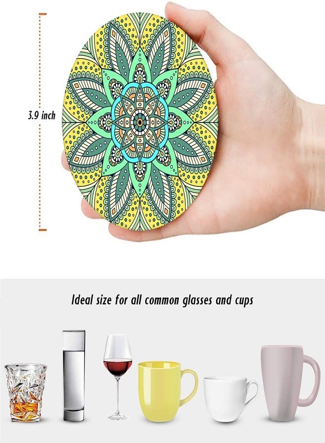 Bribay Coaster for Drinks Set of 6, Moroccan Bohemian Mandala Colorful Pink Green Absorbent Round Ceramic Stone Mat, with Cork Base and Metal Holder, Gift for Housewarming Room Bar Decor - Image 4