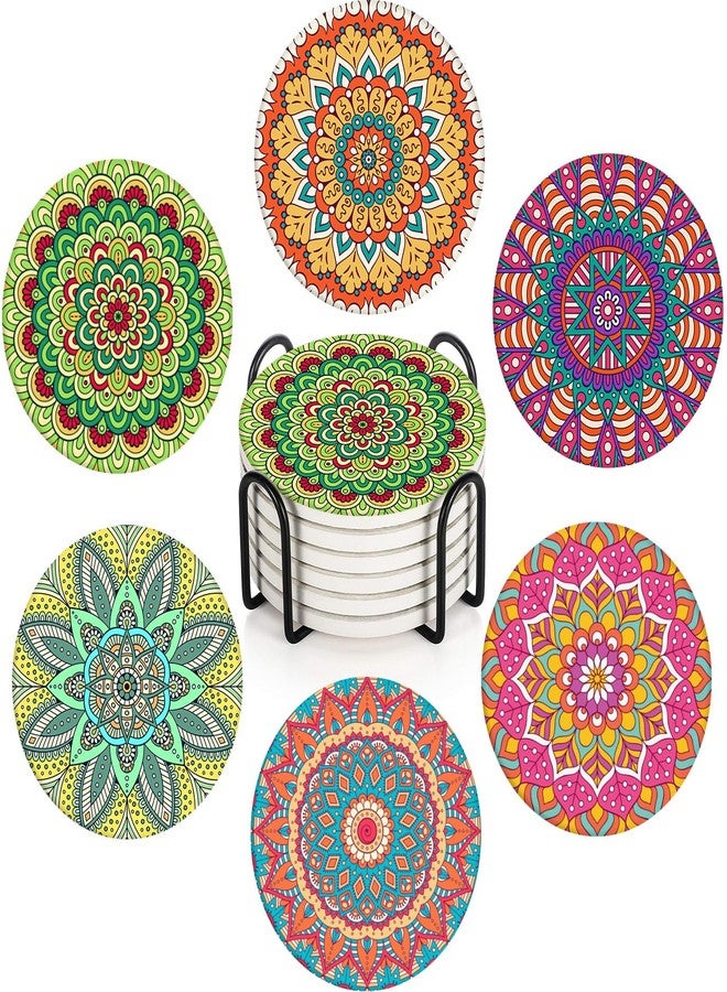 Bribay Coaster for Drinks Set of 6, Moroccan Bohemian Mandala Colorful Pink Green Absorbent Round Ceramic Stone Mat, with Cork Base and Metal Holder, Gift for Housewarming Room Bar Decor - Image 1