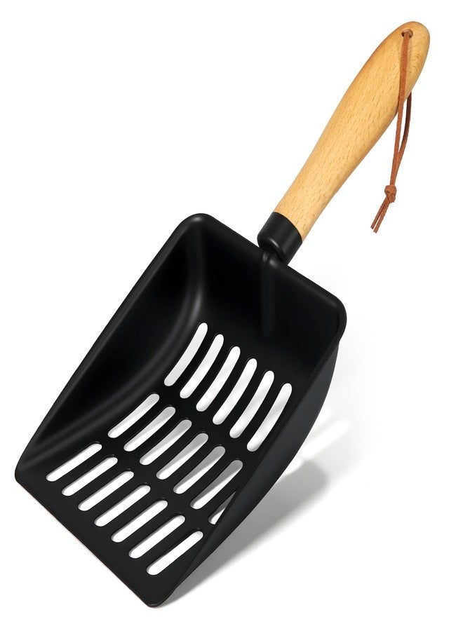 Handzee Cat Litter Scoop, Metal Litter Scoop, Heavy Duty Metal Cat Scooper for Litter Box, Black Sifter Scoop for Pellets, Wooden Handle Scoop with Hole, Kitty Necessity (5.5" Handle) - Image 1