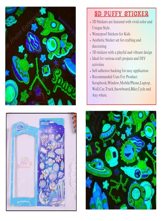 Funspark Glow in Dark Space 4 Sheet 3D Puffy Sticker Set – Luminous Astronaut, Rocket, Planet & Galaxy Self-Adhesive Waterproof Stickers for Kids Room Decor & DIY Crafts - Image 3