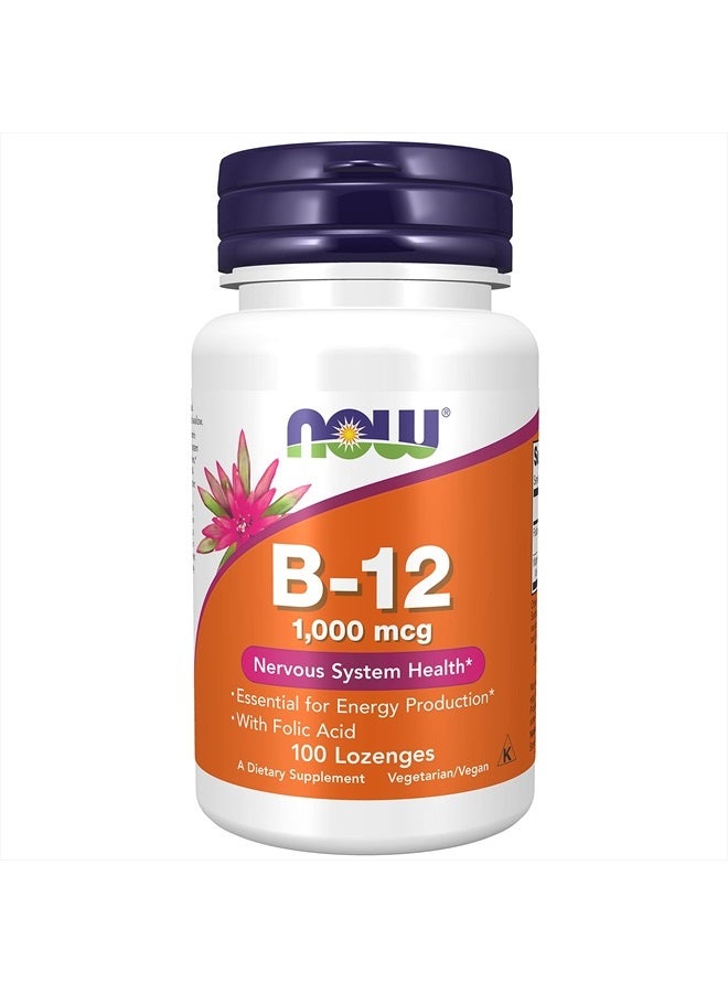 NOW Supplements, Vitamin B-12 1,000 mcg with Folic Acid, Nervous System Health*, 100 Chewable Lozenges - Image 1