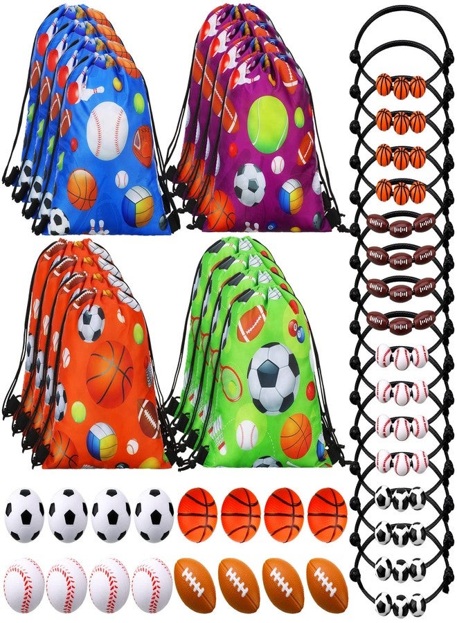 Panelee 16 Sets Sports Party Favors Baseball Soccer Basketball Football Birthday Supplies 16 Drawstring Bags 16 Charm Bracelets 16 Mini Foam Balls for Gift Fillers Games Rewards Supplies - Image 1