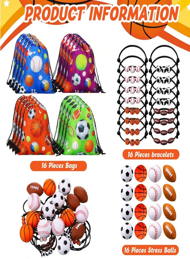 Panelee 16 Sets Sports Party Favors Baseball Soccer Basketball Football Birthday Supplies 16 Drawstring Bags 16 Charm Bracelets 16 Mini Foam Balls for Gift Fillers Games Rewards Supplies - Image 3