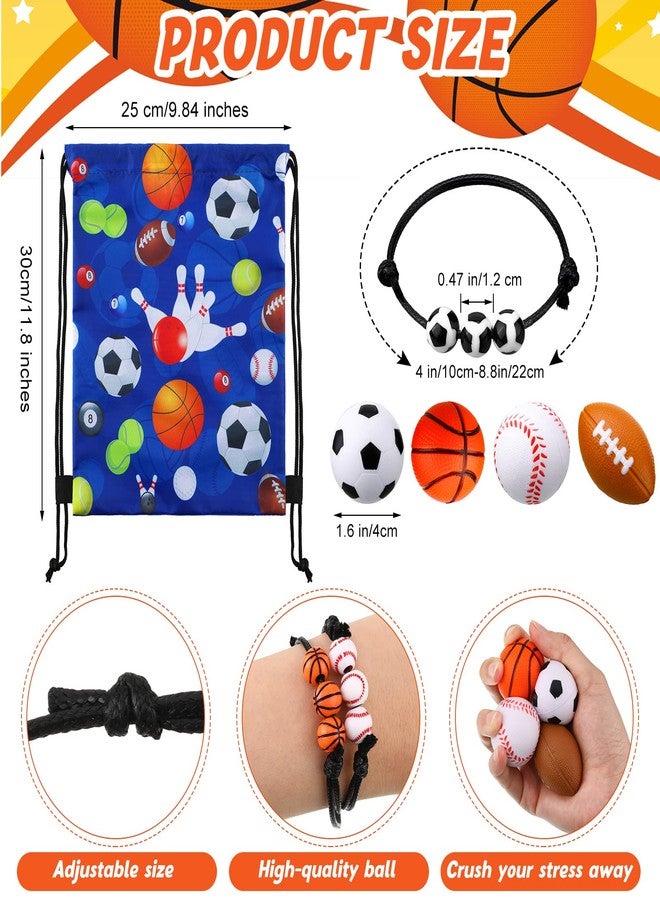 Panelee 16 Sets Sports Party Favors Baseball Soccer Basketball Football Birthday Supplies 16 Drawstring Bags 16 Charm Bracelets 16 Mini Foam Balls for Gift Fillers Games Rewards Supplies - Image 2