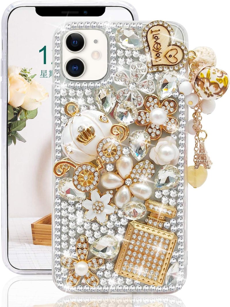 guppy for iPhone 12/12 Pro Case Women Luxury 3D Bling Shiny Rhinestone Diamond Crystal Pearl Handmade Pendant Iron Tower Pumpkin Car Flowers Soft Protective Anti-Fall Case for iPhone 12 6.1 inch - Image 2