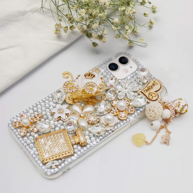 guppy for iPhone 12/12 Pro Case Women Luxury 3D Bling Shiny Rhinestone Diamond Crystal Pearl Handmade Pendant Iron Tower Pumpkin Car Flowers Soft Protective Anti-Fall Case for iPhone 12 6.1 inch - Image 3